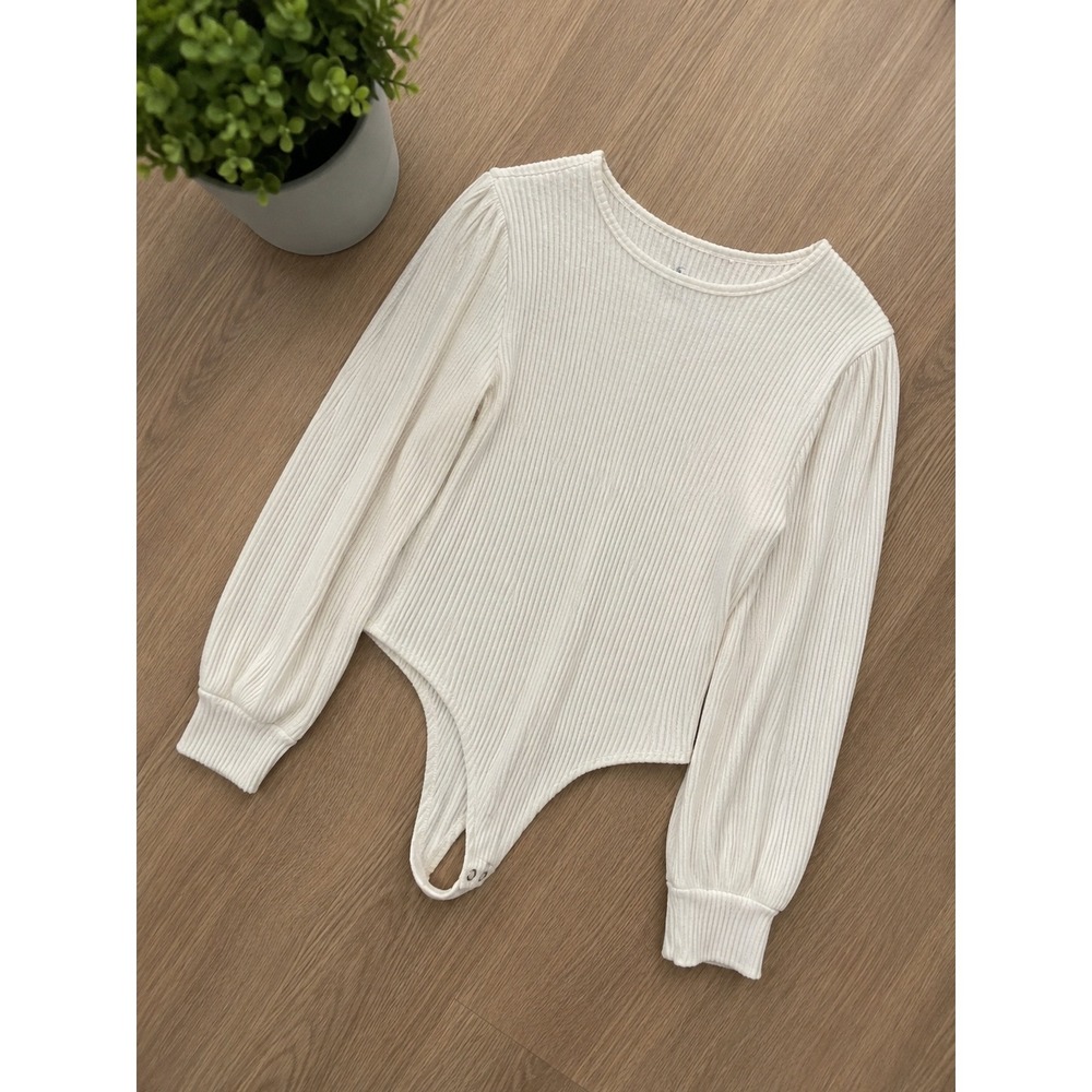 Hollister Ribbed Long Sleeve Bodysuit Cream Balloon Sleeve Crew Neck Large